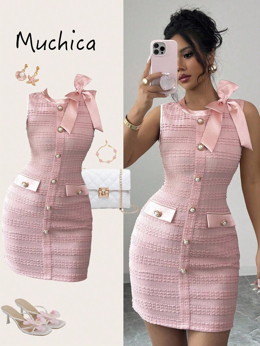 Elenzga Bow Knit Fabric Metallic Pearl Button Elegant French Satin Front Back Elastic Fitted Mini Dress, Spring Summer Early Autumn Pink Search Office - Pink - View 1