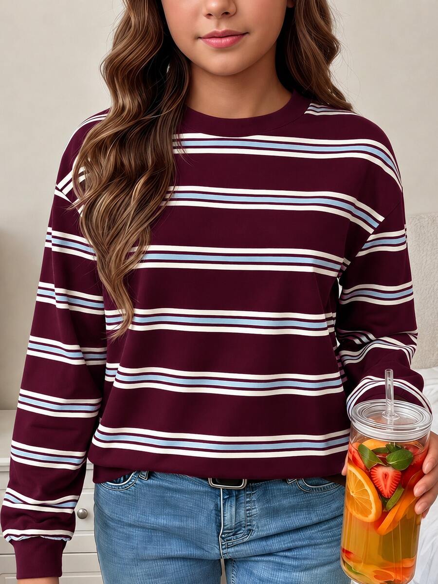 Tween Girls Casual Crew Neck Drop Shoulder Autumn Sweatshirt, Berry Red Kids - White - View 1