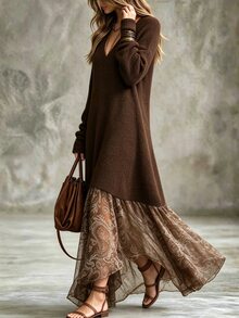LUMIGAL Women's V-Neck Long Sleeve Patchwork Floral Print Asymmetric Hem Fashion Dress - Brown - View 8