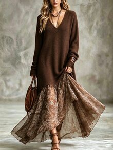 LUMIGAL Women's V-Neck Long Sleeve Patchwork Floral Print Asymmetric Hem Fashion Dress - Brown - View 4