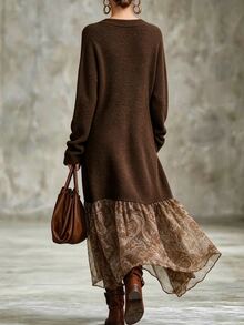LUMIGAL Women's V-Neck Long Sleeve Patchwork Floral Print Asymmetric Hem Fashion Dress - Brown - View 2
