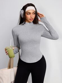 SHEIN Sports Half-Zip Stand Collar Long Sleeve Running Sweatshirt - Grey - View 6
