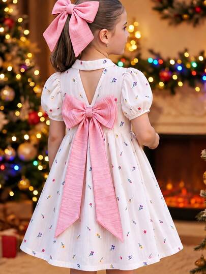 SHEIN Young Girl Yellow Ditsy Floral Dress With Large Bow Back Decor, Short Puff Sleeves, Cute Peter Collar, Casual Fairy Wedding Style, Summer
