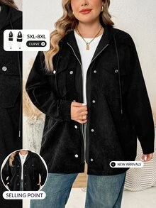 SHEIN CURVE+ Women's Plus Size 22W Solid Color Hooded Zip-Up Casual Versatile Daily Long Sleeve Jacket Winter - Black - View 8