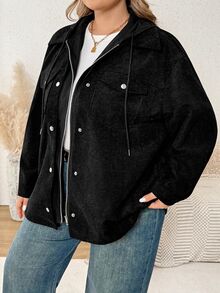 SHEIN CURVE+ Women's Plus Size 22W Solid Color Hooded Zip-Up Casual Versatile Daily Long Sleeve Jacket Winter - Black - View 5