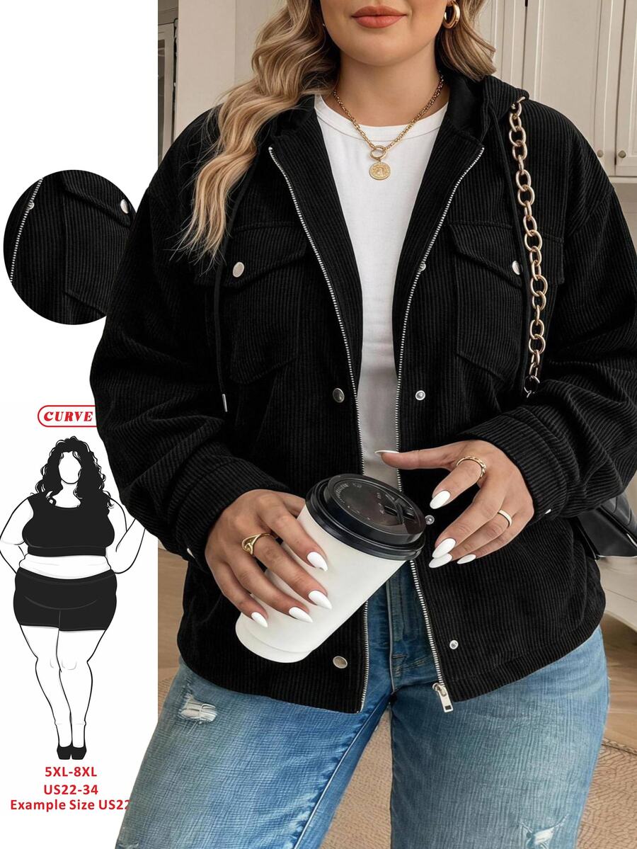 SHEIN CURVE+ Women's Plus Size 22W Solid Color Hooded Zip-Up Casual Versatile Daily Long Sleeve Jacket Winter - Black - View 1