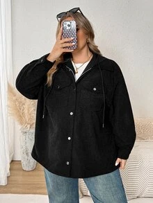 SHEIN CURVE+ Women's Plus Size 22W Solid Color Hooded Zip-Up Casual Versatile Daily Long Sleeve Jacket Winter - Black - View 10