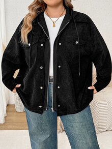 SHEIN CURVE+ Women's Plus Size 22W Solid Color Hooded Zip-Up Casual Versatile Daily Long Sleeve Jacket Winter - Black - View 9