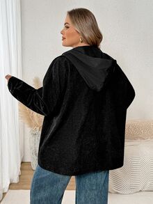 SHEIN CURVE+ Women's Plus Size 22W Solid Color Hooded Zip-Up Casual Versatile Daily Long Sleeve Jacket Winter - Black - View 2