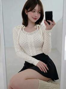 FRIFUL Women's Black White Polka Dot Print Frill Trim Single-Breasted Halter Neck T-Shirt Fall Long Sleeve Tops Date Brunch Everyday Cute Vintage Romantic - White - View 4