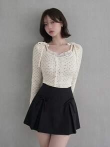 FRIFUL Women's Black White Polka Dot Print Frill Trim Single-Breasted Halter Neck T-Shirt Fall Long Sleeve Tops Date Brunch Everyday Cute Vintage Romantic - White - View 3
