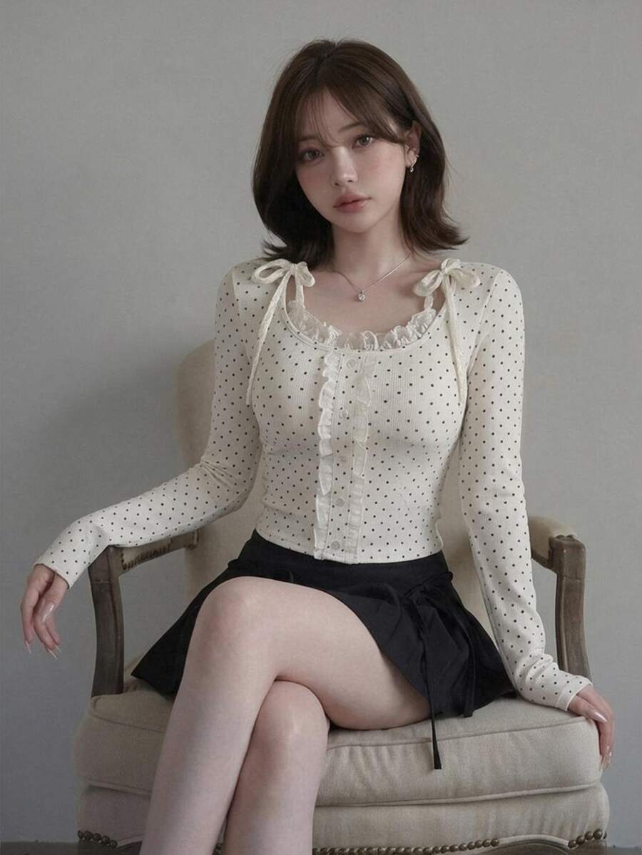FRIFUL Women's Black White Polka Dot Print Frill Trim Single-Breasted Halter Neck T-Shirt Fall Long Sleeve Tops Date Brunch Everyday Cute Vintage Romantic - White - View 1