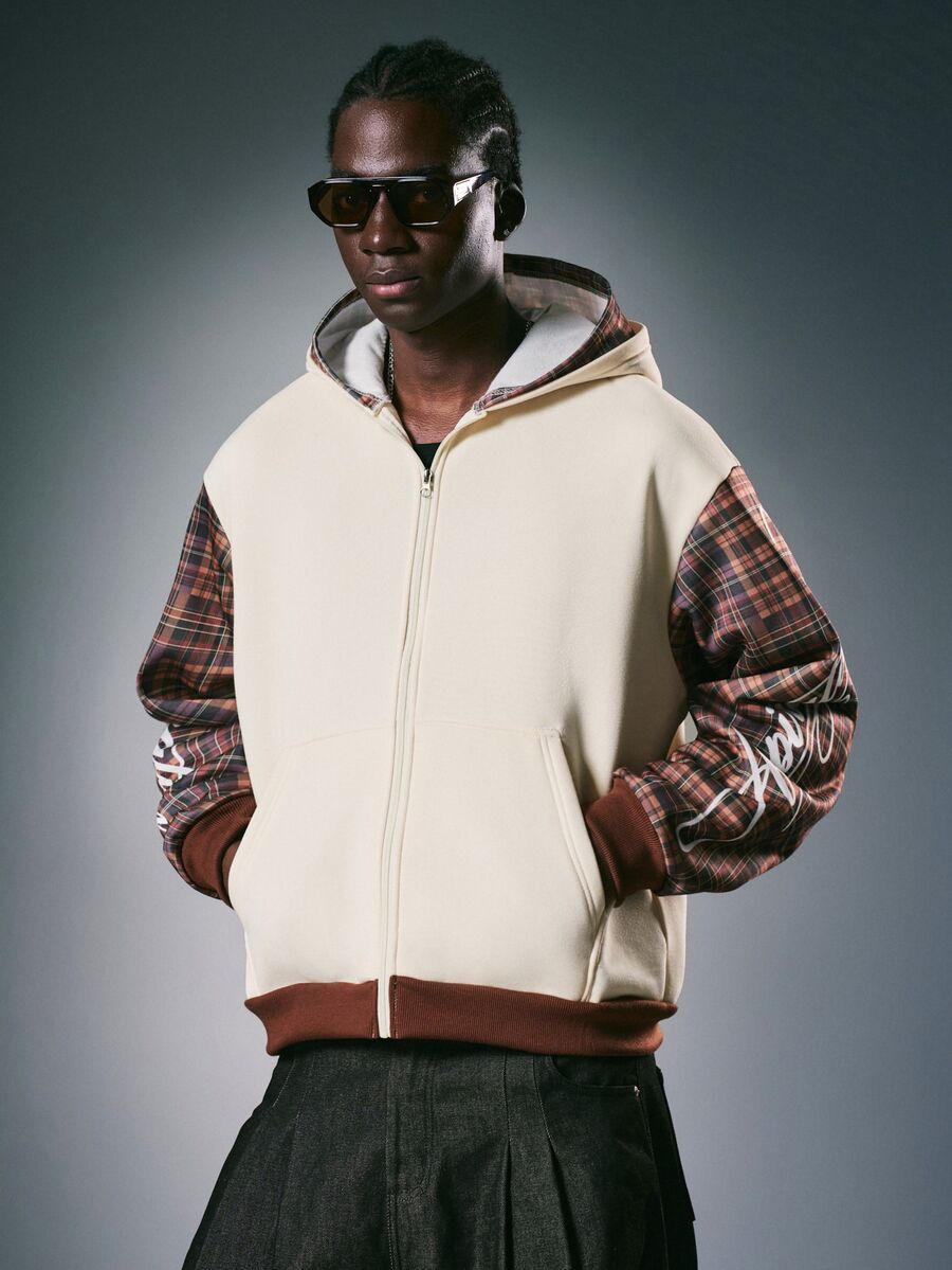 STYNVO Men's Plaid Colorblock Casual Daily Wear Hooded Jacket - Khaki - View 1
