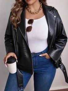 Vionelle Plus Size Women's Solid Color Faux Leather Lapel Long Sleeve Jacket Fall Winter Cloth For Women Autumn - Black - View 6