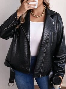 Vionelle Plus Size Women's Solid Color Faux Leather Lapel Long Sleeve Jacket Fall Winter Cloth For Women Autumn - Black - View 3