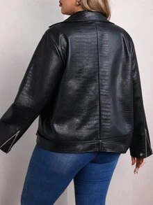 Vionelle Plus Size Women's Solid Color Faux Leather Lapel Long Sleeve Jacket Fall Winter Cloth For Women Autumn - Black - View 2