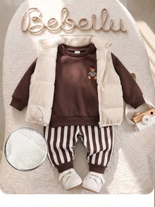 Baby Boy Cute Autumn/Winter Thermal Lined Versatile Vest, Striped Sweatshirt And Long Pants 3 Pieces Set - Multicolor - View 1