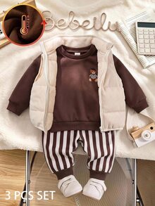Baby Boy Cute Autumn/Winter Thermal Lined Versatile Vest, Striped Sweatshirt And Long Pants 3 Pieces Set - Multicolor - View 6