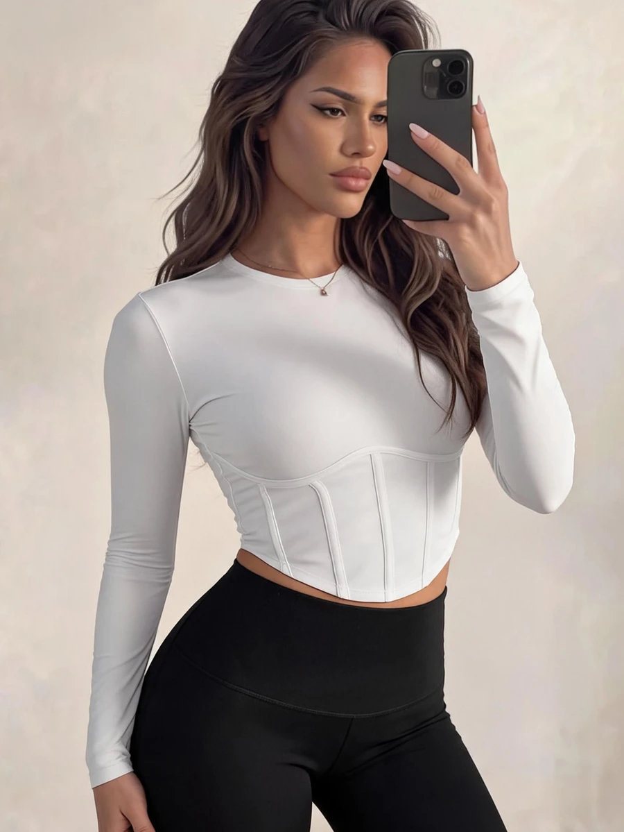 Sirith Women's Fashion Fishbone Slim Fit Long Sleeve Sports T-Shirt - White - View 1