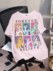 My Little Pony X SHEIN Plus Size Pink Short Sleeve T-Shirt Date Night Summer Cute - White - View 3