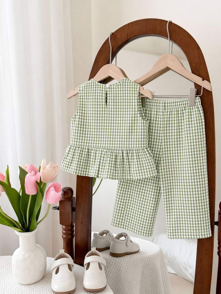 SHEIN Baby Girl Two Pieces Set Summer Outfits Vacation Gingham Sets 2pcs Outfit Mint Green Spring Sage Co Ord Casual Beach Pants And Top - Green - View 4