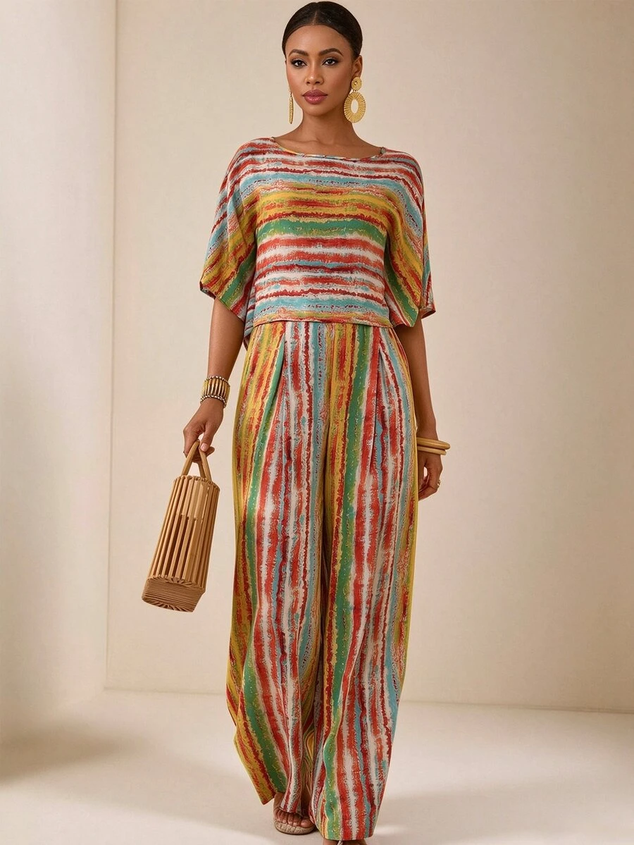 Vesra Women's Vacation Style Colorful Striped Batwing Sleeve Top + Matching Wide Leg Pants 2 Pieces Set - Multicolor - View 1