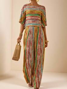Vesra Women's Vacation Style Colorful Striped Batwing Sleeve Top + Matching Wide Leg Pants 2 Pieces Set - Multicolor - View 3