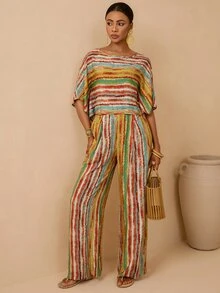 Vesra Women's Vacation Style Colorful Striped Batwing Sleeve Top + Matching Wide Leg Pants 2 Pieces Set - Multicolor - View 7