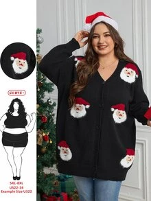 SHEIN CURVE+ 大尺碼女款單排扣V領長袖聖誕老人圖案針織開襟衫冬季毛衣 - 彩色 - 查看 1
