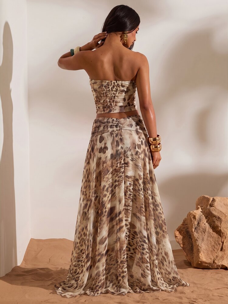 Opulessa Spring/Summer Vacation Knitted Mesh Printed Fitted Bandeau Top Slit Flowy Skirt Design Skirt Beach Night Out Tropical Sexy - Multicolor - View 2
