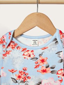 SHEIN Newborn Baby Girl Summer Knitted Short Sleeve Patchwork Bodysuit With Flower Pattern, 2pcs/Set - Multicolor - View 5