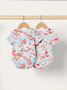 SHEIN Newborn Baby Girl Summer Knitted Short Sleeve Patchwork Bodysuit With Flower Pattern, 2pcs/Set - Multicolor - View 3