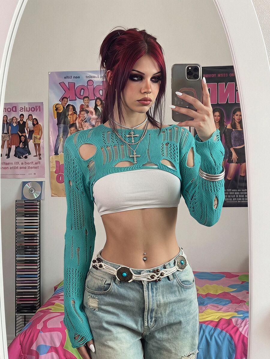 Bitrose Women's Solid Color Cutout Design Long Sleeve Cropped Sexy Sweater - Limelight Green - View 1