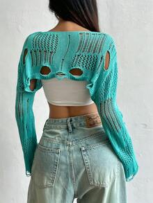 Bitrose Women's Solid Color Cutout Design Long Sleeve Cropped Sexy Sweater - Limelight Green - View 2