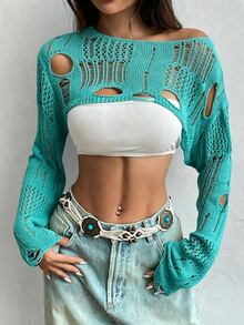 Bitrose Women's Solid Color Cutout Design Long Sleeve Cropped Sexy Sweater - Limelight Green - View 7