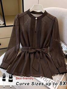 SHEIN CURVE+ Plus Size Women's Elegant Daily Office Commute Solid Color Semi-Sheer Lightweight Blouse With Belt, Spring Summer Autumn - Brown - View 4