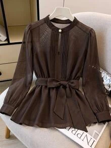 SHEIN CURVE+ Plus Size Women's Elegant Daily Office Commute Solid Color Semi-Sheer Lightweight Blouse With Belt, Spring Summer Autumn - Brown - View 3
