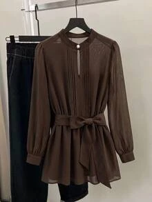 SHEIN CURVE+ Plus Size Women's Elegant Daily Office Commute Solid Color Semi-Sheer Lightweight Blouse With Belt, Spring Summer Autumn - Brown - View 1