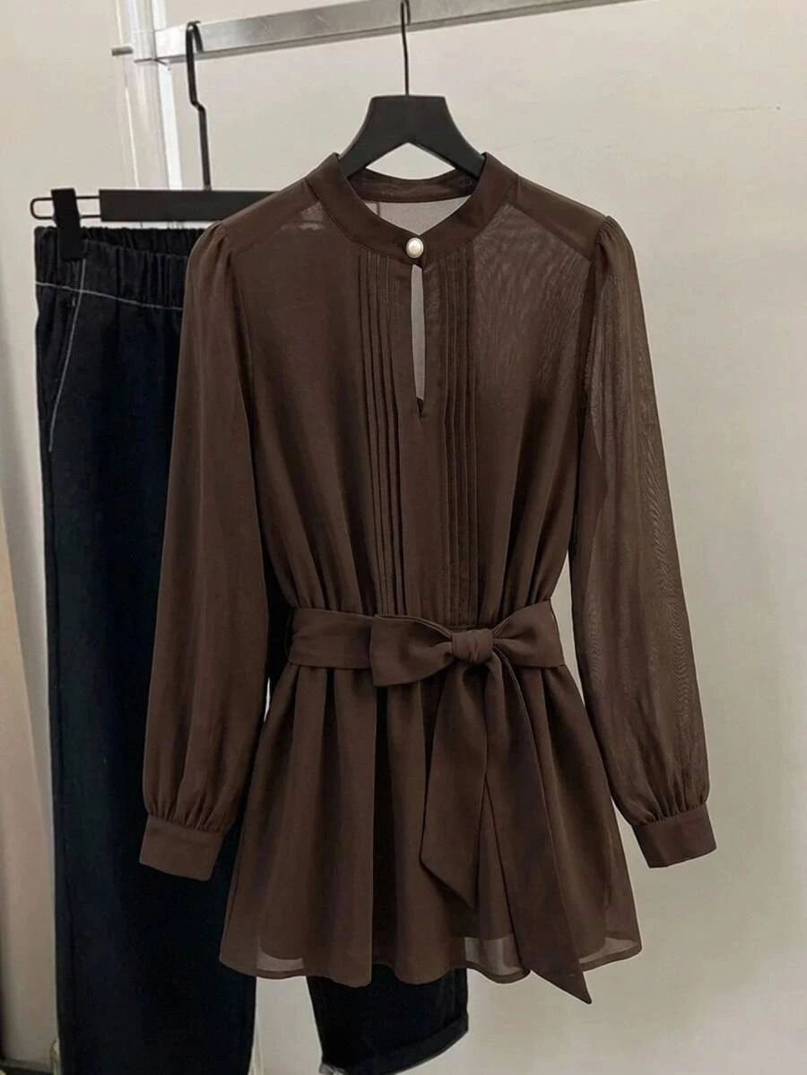 SHEIN CURVE+ Plus Size Women's Elegant Daily Office Commute Solid Color Semi-Sheer Lightweight Blouse With Belt, Spring Summer Autumn - Brown - View 1