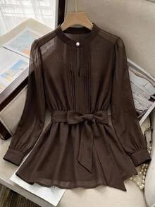SHEIN CURVE+ Plus Size Women's Elegant Daily Office Commute Solid Color Semi-Sheer Lightweight Blouse With Belt, Spring Summer Autumn - Brown - View 2