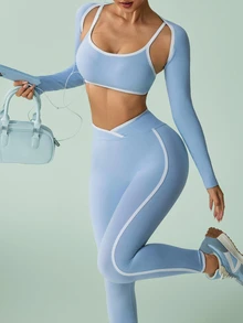 SHEIN Sovereign Charm Seamless Waist-Cinched Colorblock Jacket 3 Pieces Sports Set - Baby Blue - View 6