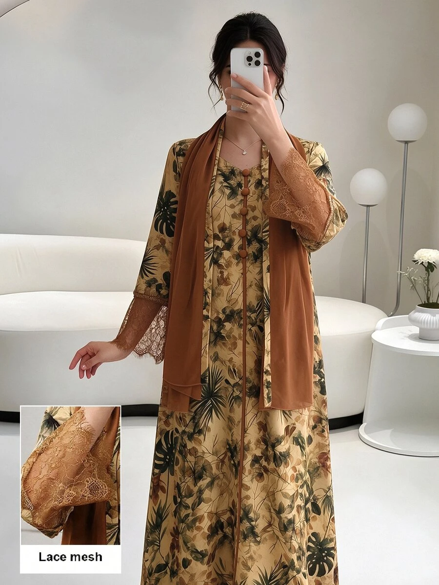 Yasmyna V-Neck Lace Cuff Tropical Floral Print Arabian Dress With Hijab - Brown - View 1