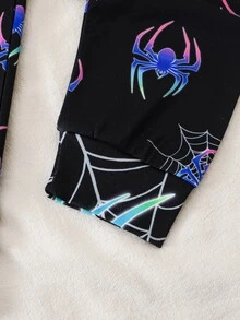 SHEIN 青少年男孩霓虹蜘蛛圖案圓領長袖上衣與長褲休閒舒適修身居家睡衣套裝 2件組 - 黑色 - 查看 8