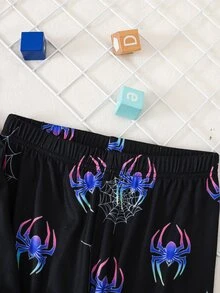 SHEIN 青少年男孩霓虹蜘蛛圖案圓領長袖上衣與長褲休閒舒適修身居家睡衣套裝 2件組 - 黑色 - 查看 4