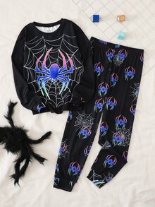 SHEIN 青少年男孩霓虹蜘蛛圖案圓領長袖上衣與長褲休閒舒適修身居家睡衣套裝 2件組 - 黑色 - 查看 3