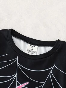 SHEIN 青少年男孩霓虹蜘蛛圖案圓領長袖上衣與長褲休閒舒適修身居家睡衣套裝 2件組 - 黑色 - 查看 6
