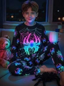 SHEIN 青少年男孩霓虹蜘蛛圖案圓領長袖上衣與長褲休閒舒適修身居家睡衣套裝 2件組 - 黑色 - 查看 1
