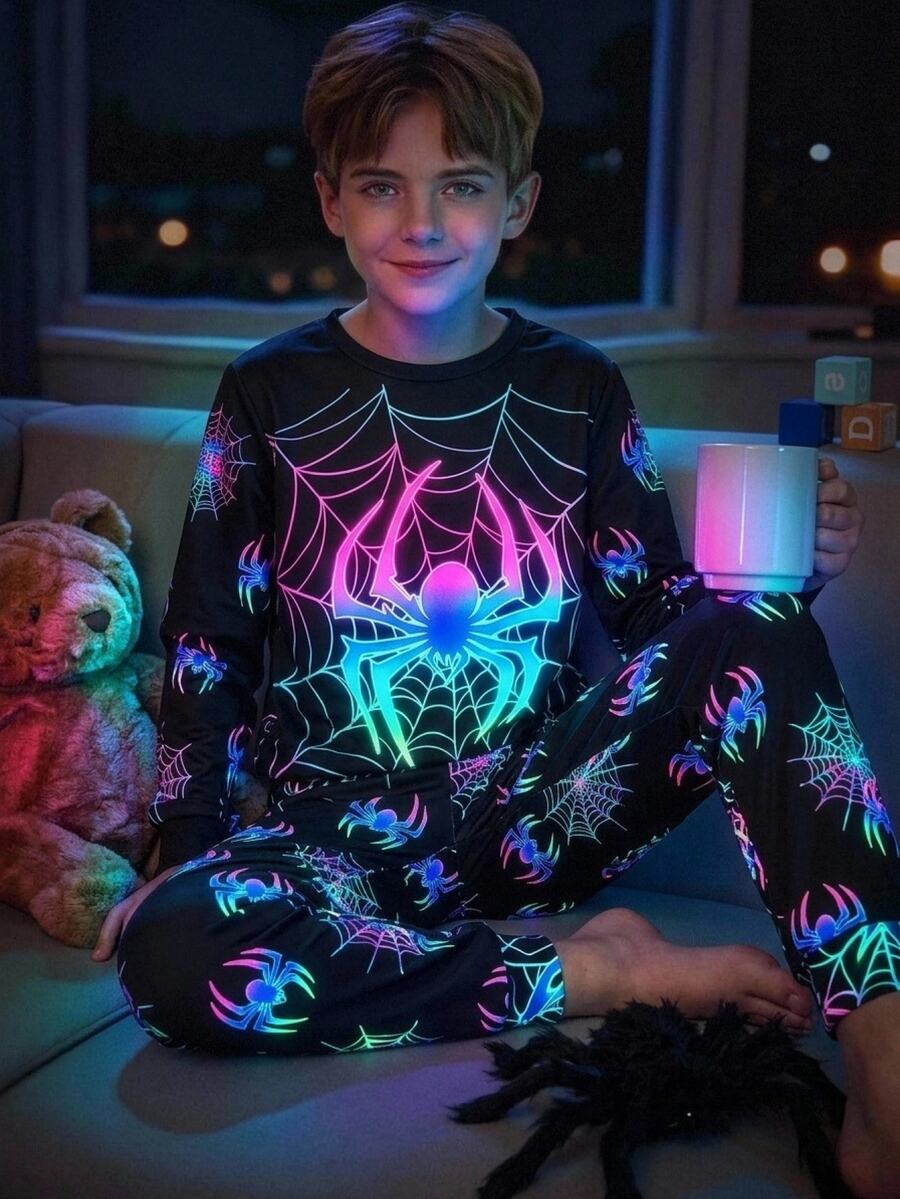 SHEIN 青少年男孩霓虹蜘蛛圖案圓領長袖上衣與長褲休閒舒適修身居家睡衣套裝 2件組 - 黑色 - 查看 1