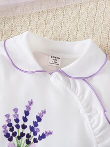 SHEIN Newborn Cute Lavender Print Long Sleeve Footed Jumpsuit Fall/ Jumpsuit + Hat Set, Round Neck Solid Color Embroidered 2-Piece Set White Babygirl - White - View 5