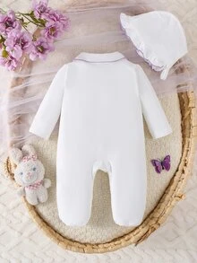 SHEIN Newborn Cute Lavender Print Long Sleeve Footed Jumpsuit Fall/ Jumpsuit + Hat Set, Round Neck Solid Color Embroidered 2-Piece Set White Babygirl - White - View 7